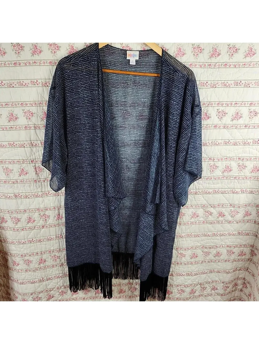 LuLaRoe Fringed Kimono Cardigan Large Blue Dot Lightweight